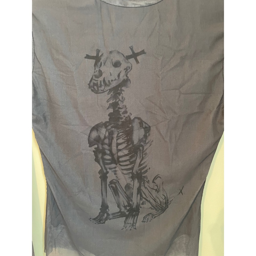 Gray Skeleton Dog Mock Neck Mesh Long Sleeve Top Size S Gothic Grunge Punk - Picture 4 of 8